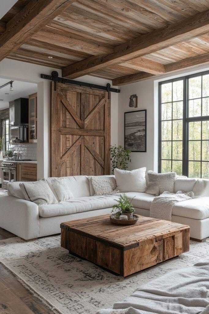 Rustic living room with a wooden barn door, white sectional sofa, and wooden coffee table near large windows.