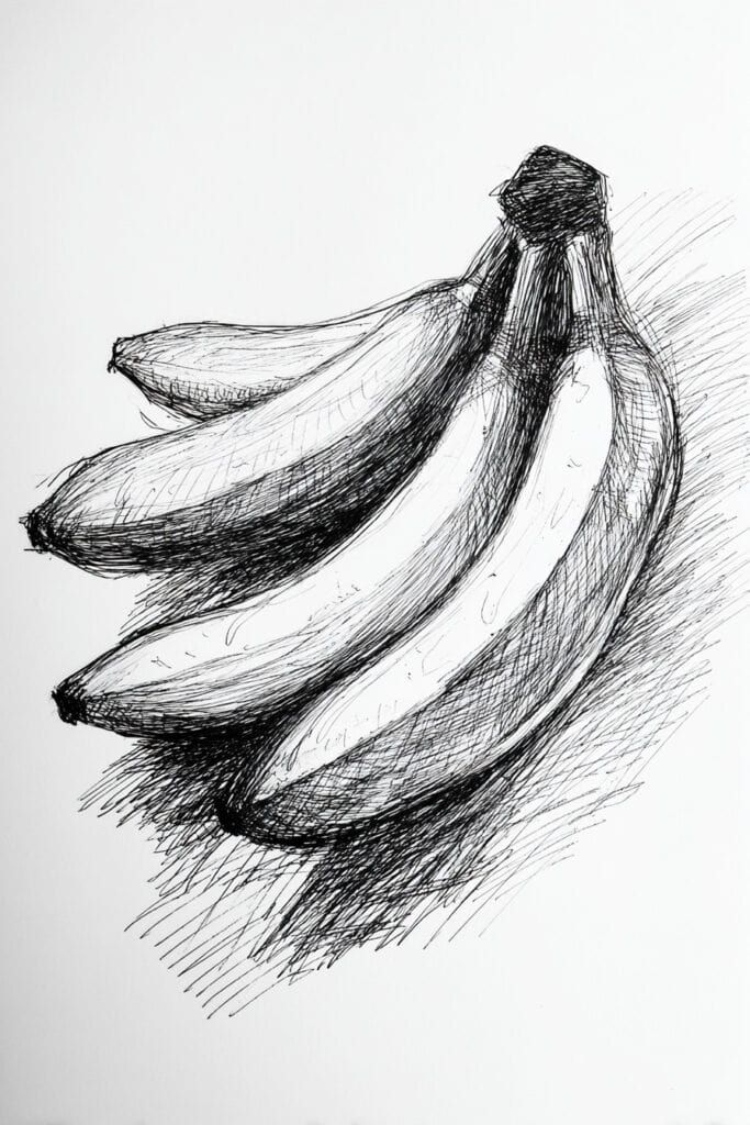 Sketch of a banana bunch on white background, hand-drawn in pen; artistic fruit illustration.