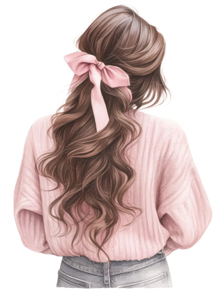 Long wavy hair tied with a pink bow, woman in a pink sweater and jeans, seen from behind.