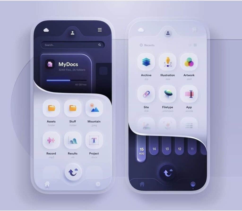 Mobile app interface displaying organized folders and file types in a sleek, minimalist design.