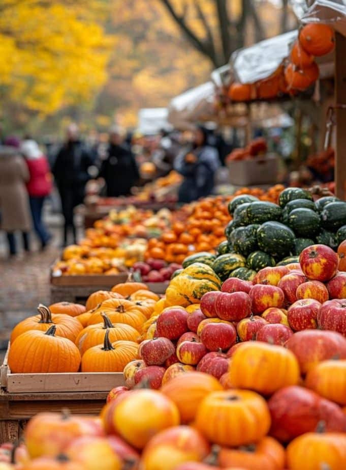 Farmers market with vibrant autumn produce: pumpkins, apples, and squashes. Shoppers browse in the background.
