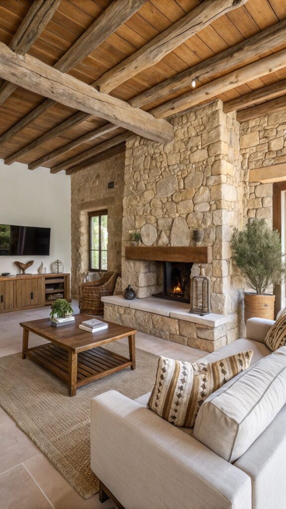 Rustic living room with stone fireplace, wood beams, cozy sofa, and earthy decor for a warm, inviting atmosphere.