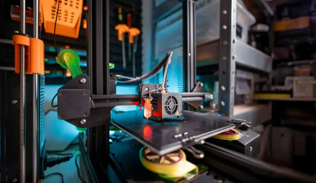 Close-up of a 3D printer in action, depositing material on the build platform in a technology workshop setting.