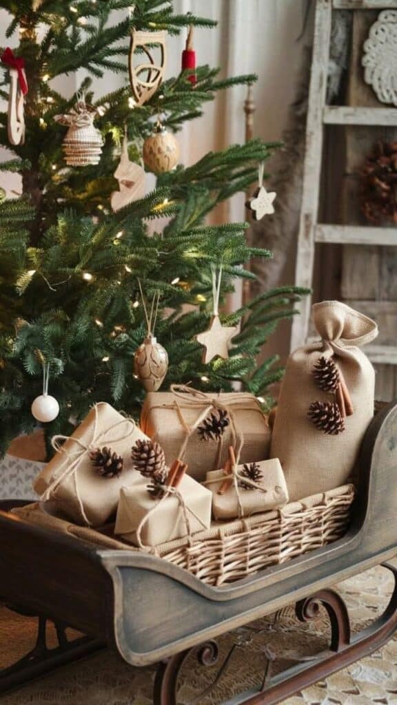 Rustic Christmas scene with burlap-wrapped gifts in a sled by a decorated tree featuring pinecones and wooden ornaments.