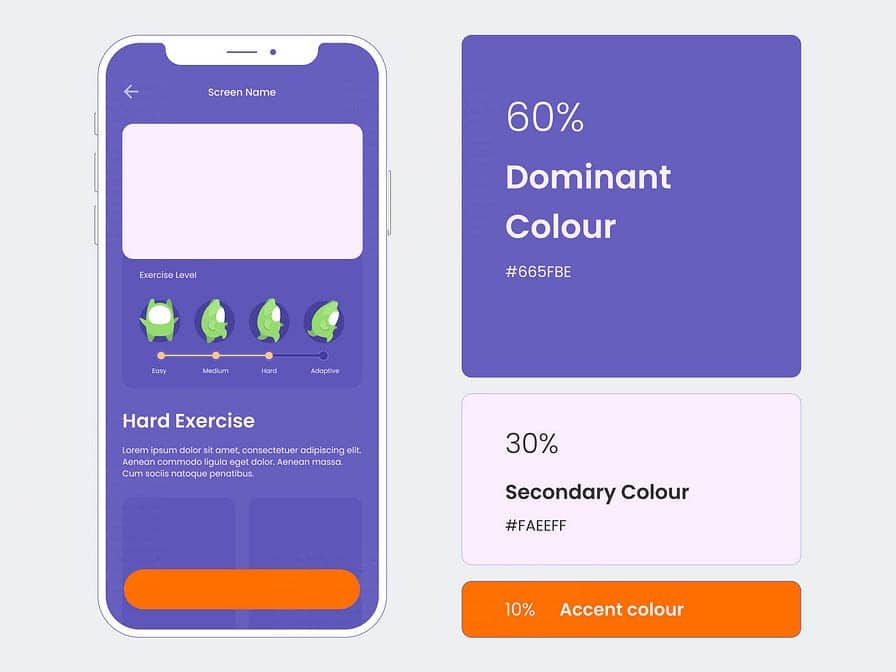 Mobile fitness app UI design showcasing exercise levels and color scheme analysis. Dominant color: purple (#665FBE).