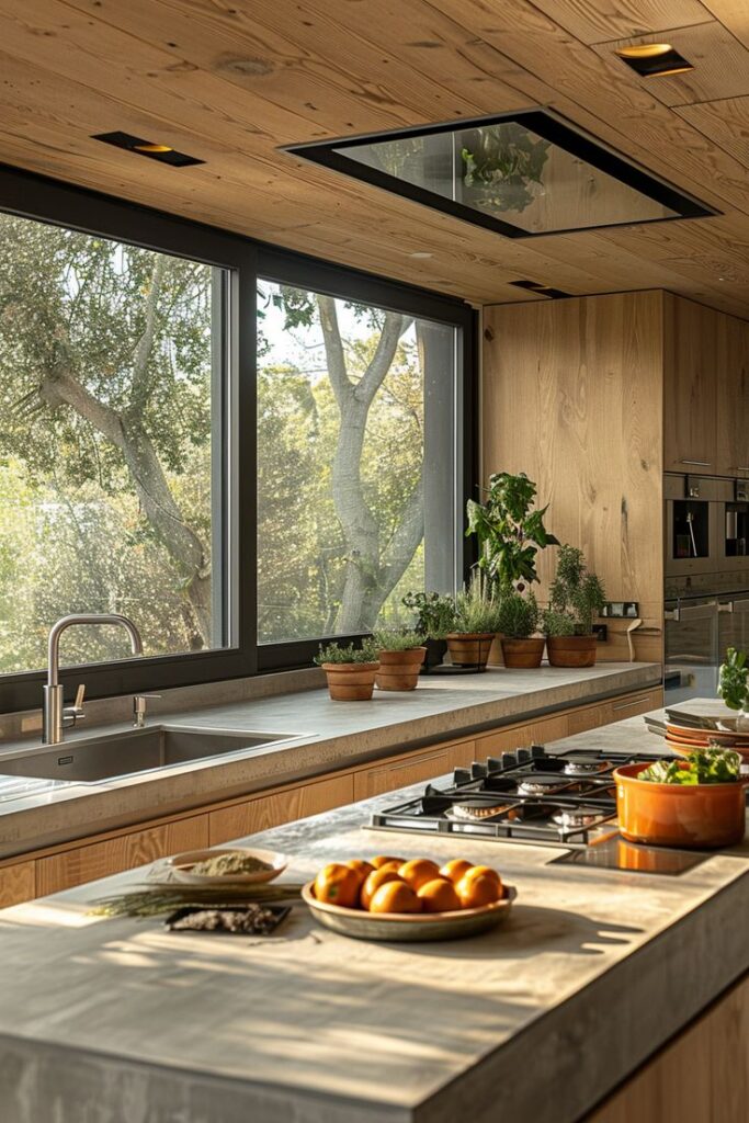 Modern kitchen with wooden elements, large windows, potted herbs, and a countertop with fruits and vegetables.