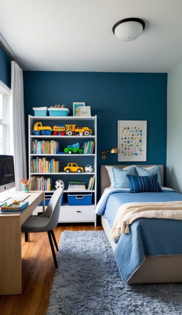76c56c86161453f5c66e6a0e06aed618 Cozy blue kids' room with bed, desk, and shelves full of colorful books and toys, creating a playful study space. | Sky Rye Design Cozy blue kids' room with bed, desk, and shelves full of colorful books and toys, creating a playful study space.