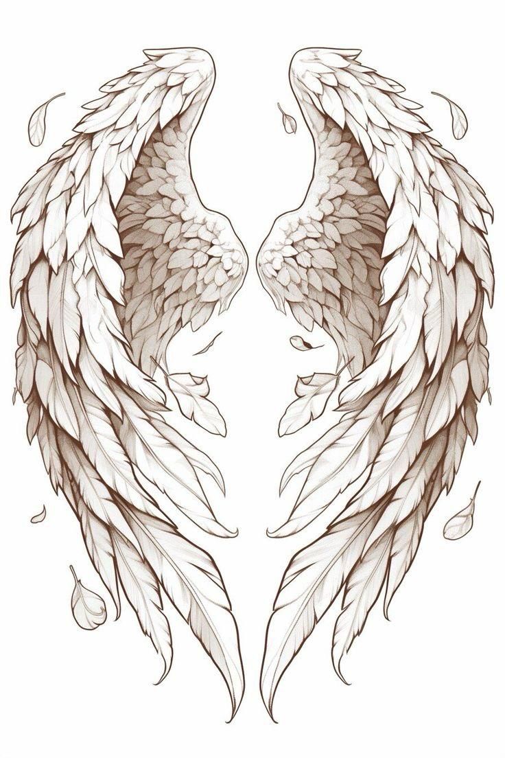 Illustration of detailed angel wings with falling feathers, symmetrical design in soft, natural tones.