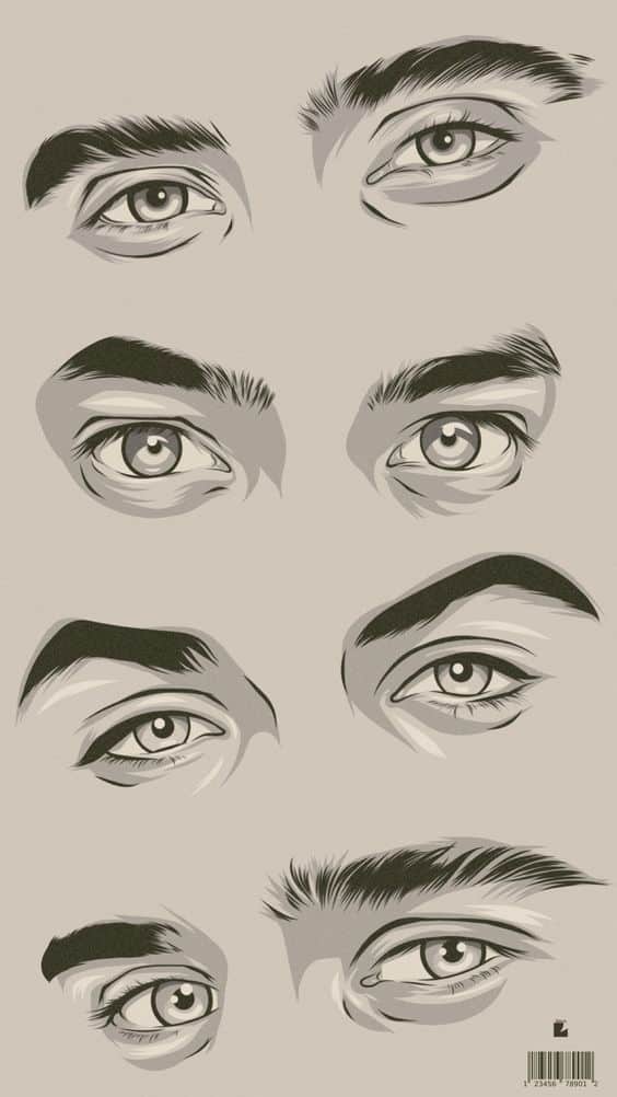 Illustrated eyes with varied expressions, showcasing detailed eyebrows and shading, on a beige background.