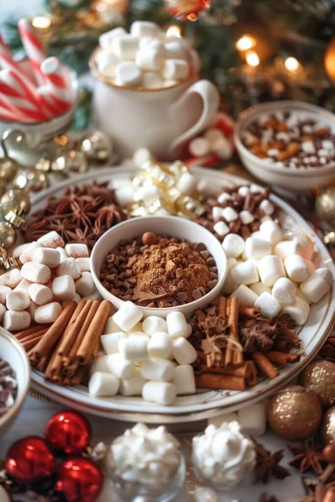 Festive hot chocolate station with marshmallows, cinnamon sticks, candy canes, and cocoa powder, perfect for holiday cheer.