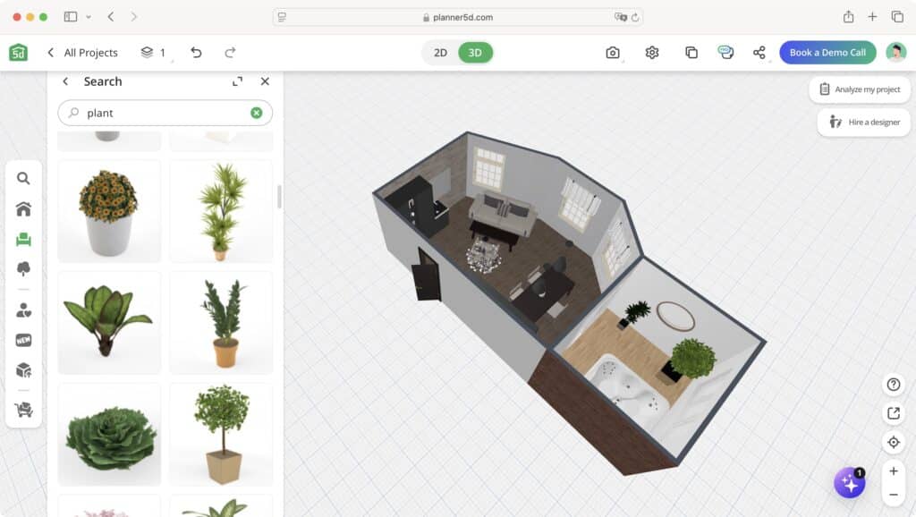 Screenshot 3D home interior design layout with plants and furniture from Planner 5D design software. | Sky Rye Design 3D home interior design layout with plants and furniture from Planner 5D design software.