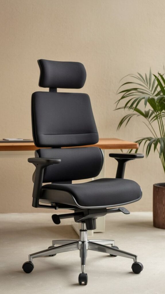 7a3c5ca272bf8f2e4b2ad7c0f2d97632 Ergonomic black office chair with armrests and headrest in modern workspace interior. | Sky Rye Design Ergonomic black office chair with armrests and headrest in modern workspace interior.