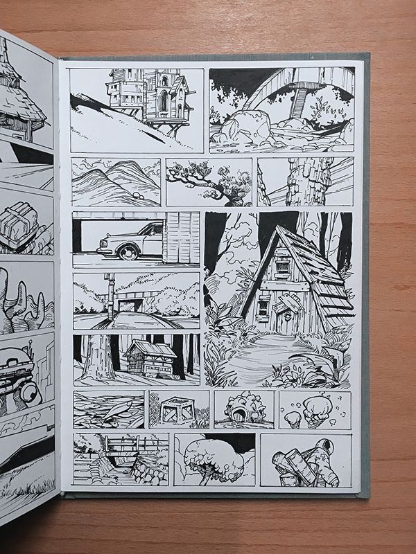 Black and white comic page depicting various rural and woodland scenes with houses, cars, and nature elements.