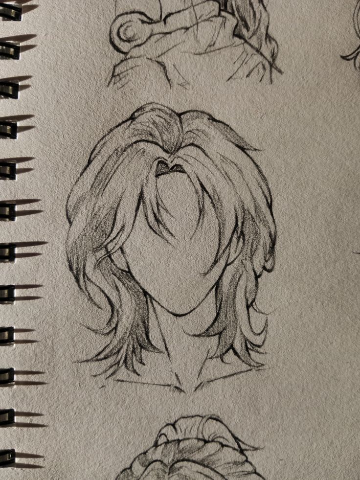 7a7418dce20ab9b4ce502a504a689991 Sketch of a faceless character with detailed, layered hairstyle in a notebook. | Sky Rye Design Sketch of a faceless character with detailed, layered hairstyle in a notebook.