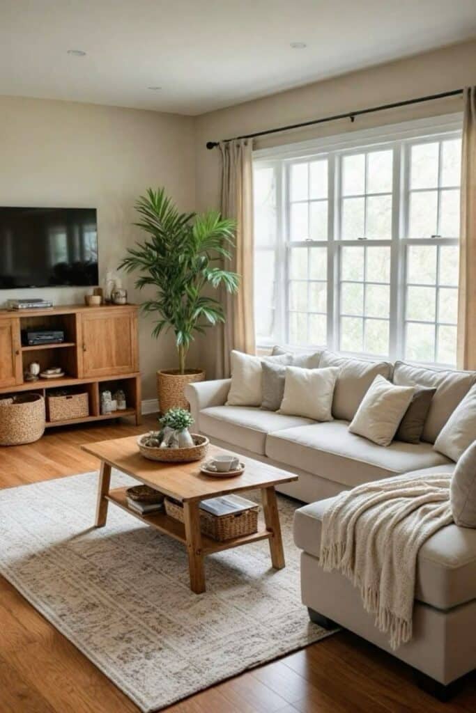7a938633-45ac-41f2-994c-f60f2f629bc0 Cozy living room with beige sofa, wooden furniture, large window, and decorative plants for a harmonious home decor. | Sky Rye Design Cozy living room with beige sofa, wooden furniture, large window, and decorative plants for a harmonious home decor.