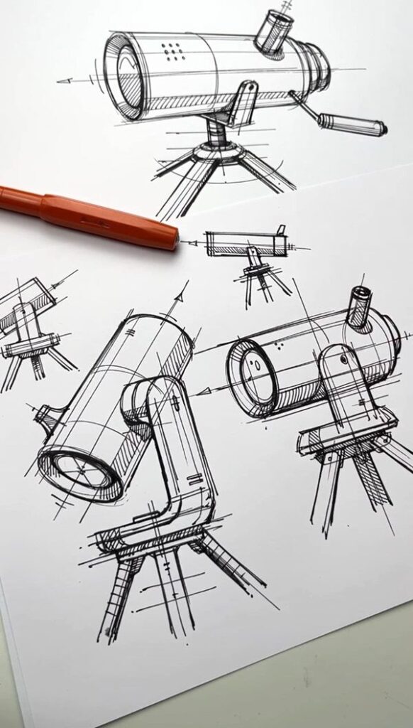 Screenshot Telescope sketches on paper with pen, showcasing detailed design and technical drawing concepts. | Sky Rye Design Telescope sketches on paper with pen, showcasing detailed design and technical drawing concepts.