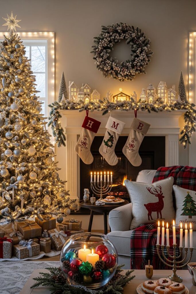 7b34d228-ea4b-4ef7-8668-198f9ca1d882 Cozy Christmas living room with tree, stockings, wreath, and menorah by fireplace, adorned in festive lights and decorations. | Sky Rye Design Cozy Christmas living room with tree, stockings, wreath, and menorah by fireplace, adorned in festive lights and decorations.