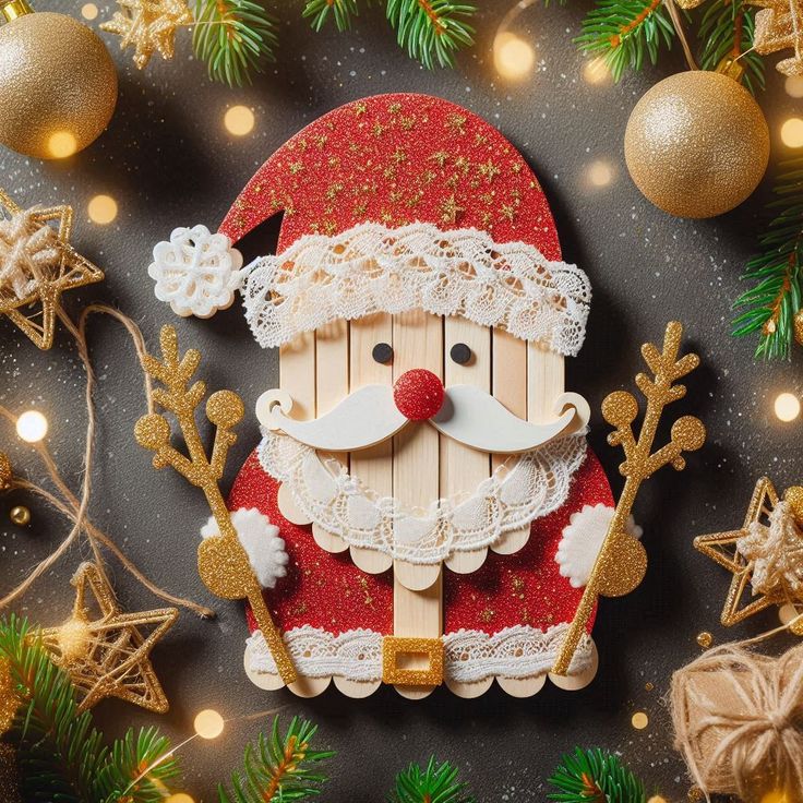 7b697af7-4914-442d-8ddd-0a736882d0f7 Festive Santa Claus decoration with gold ornaments and green pine branches, surrounded by warm Christmas lights. | Sky Rye Design Festive Santa Claus decoration with gold ornaments and green pine branches, surrounded by warm Christmas lights.