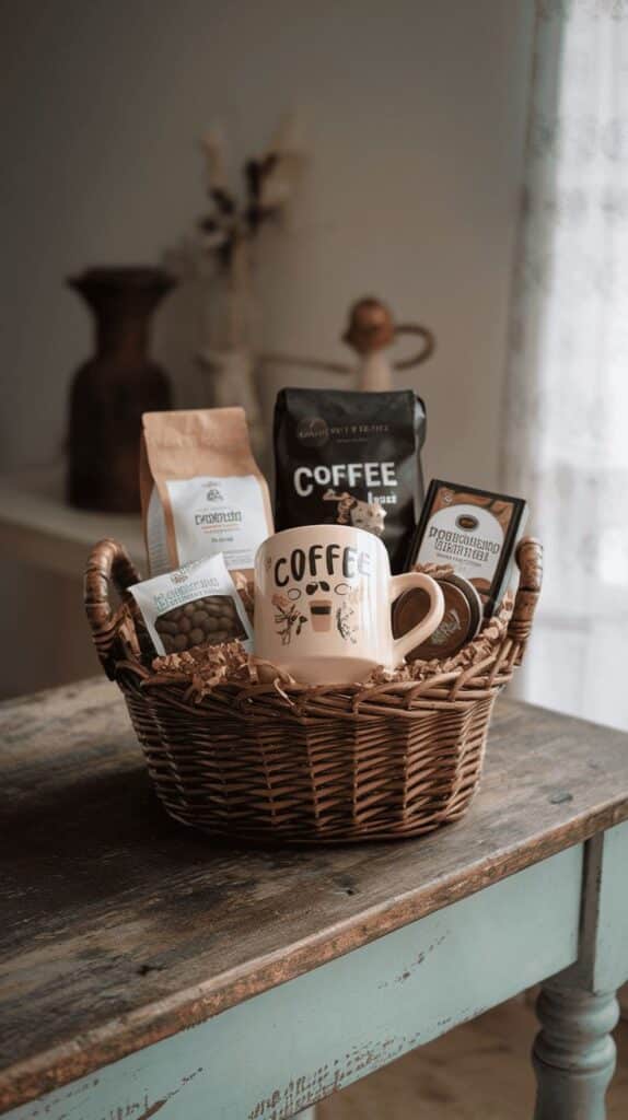 Coffee gift basket on a rustic table, featuring assorted coffee bags, a mug, and chocolate treats.