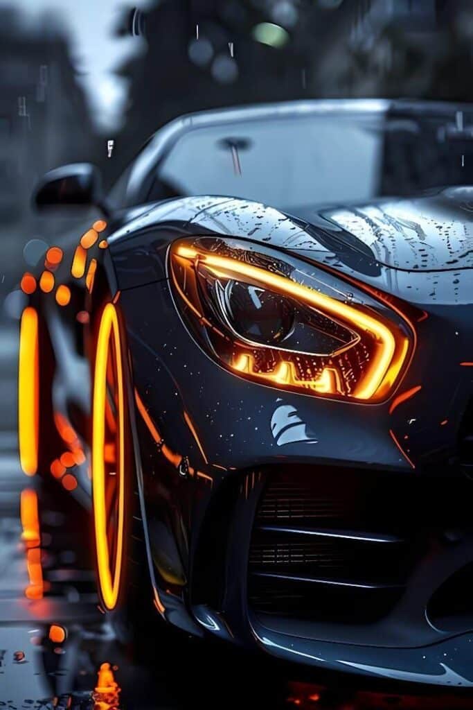 Flashy sports car with neon orange lights and wet surface, highlighting the sleek design and modern aesthetics.