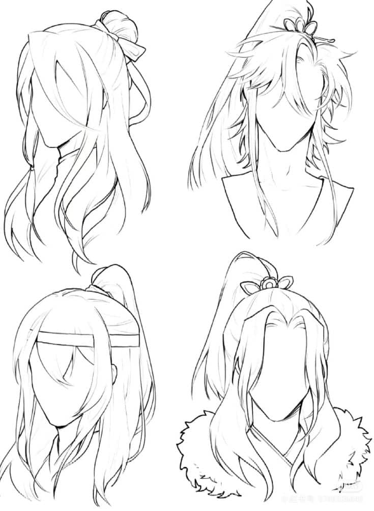 Anime-style character sketches with unique hairstyles and blank faces, showcasing creativity in hair design.