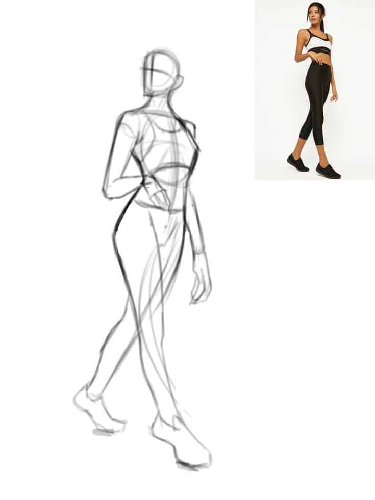 Fashion figure sketch with matching photo reference of model in activewear.