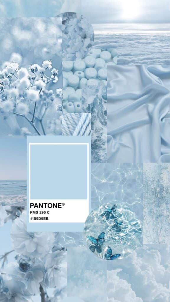 Collage of serene blue shades: ocean, clouds, flowers, and Pantone swatch #B9D9EB, creating a calming atmosphere.