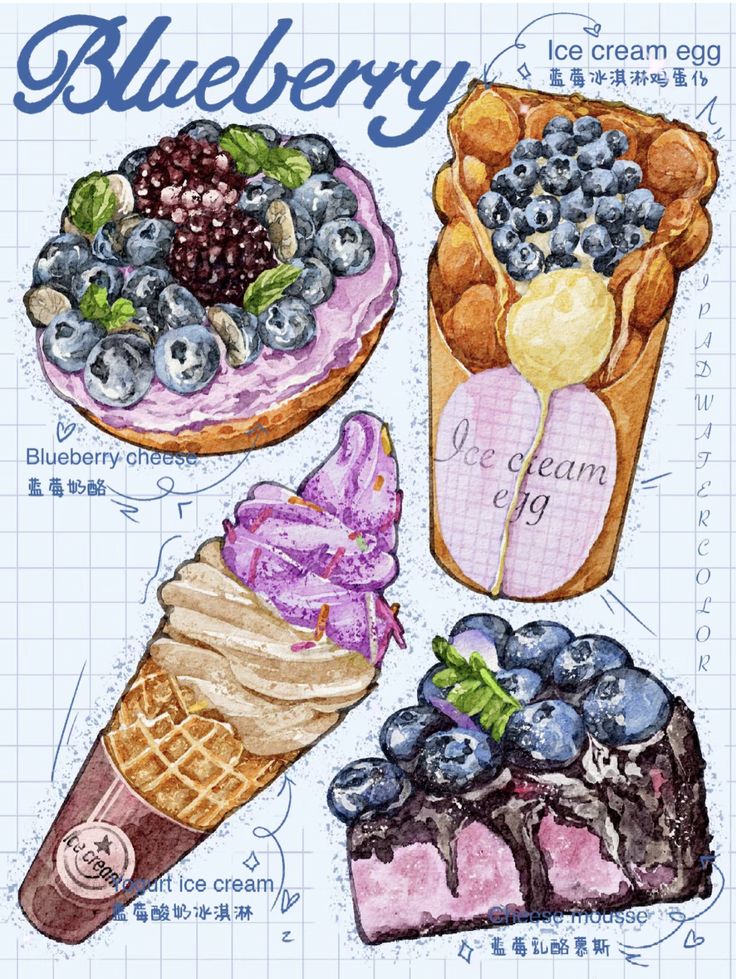 Illustrated blueberry desserts: cheesecake, ice cream cone, waffle cone, and mousse, on a graph paper background.