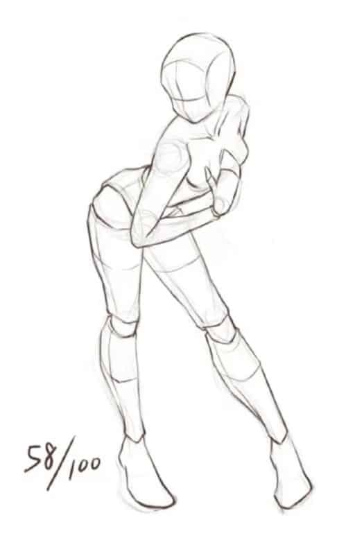 Sketch of a human figure in a dynamic pose, bent forward with arms crossed, labeled 58/100.