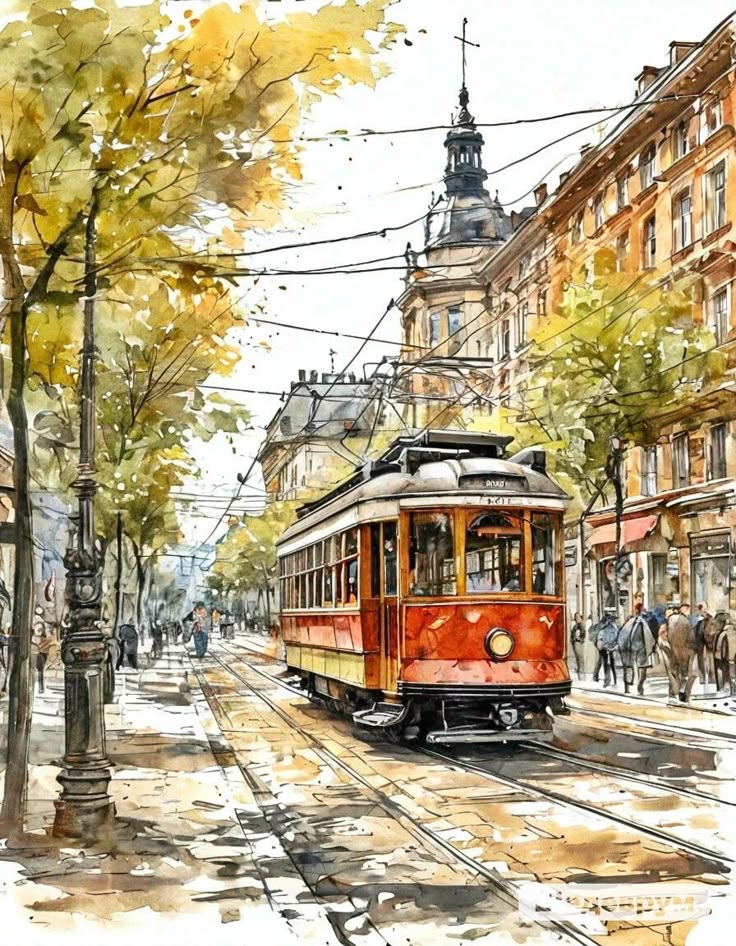 Colorful vintage tram on a bustling city street lined with autumn trees and historic buildings.