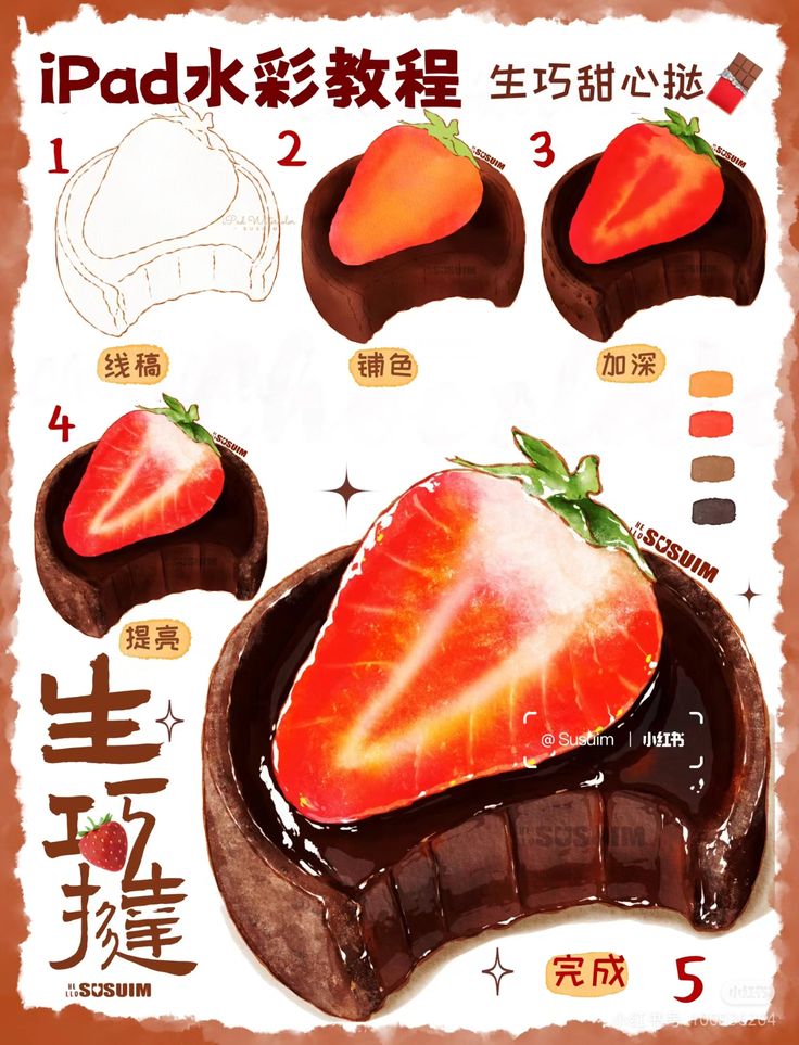 iPad tutorial for painting strawberry chocolate dessert with watercolor. Step-by-step digital art guide.