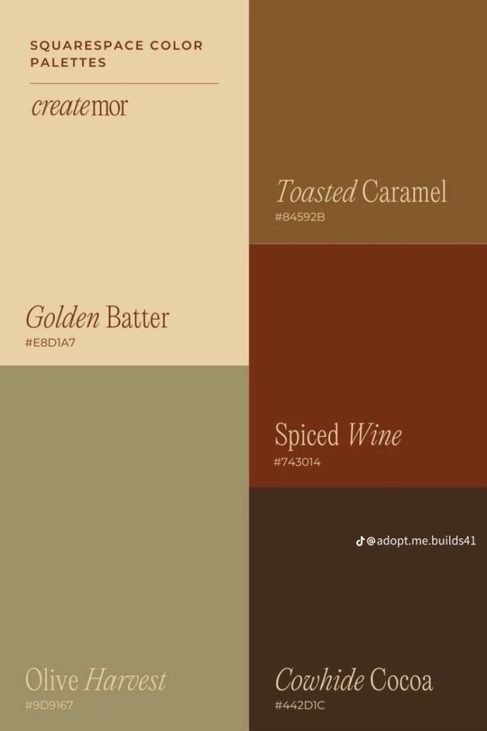 Squarespace color palette featuring Toasted Caramel, Spiced Wine, Golden Batter, Olive Harvest, and Cowhide Cocoa.