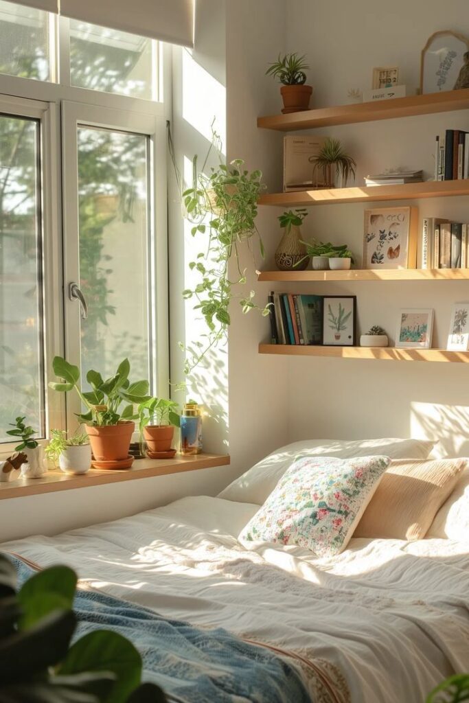 Cozy bedroom with sunlight, plants, and floating shelves showcasing books and decor next to a window.