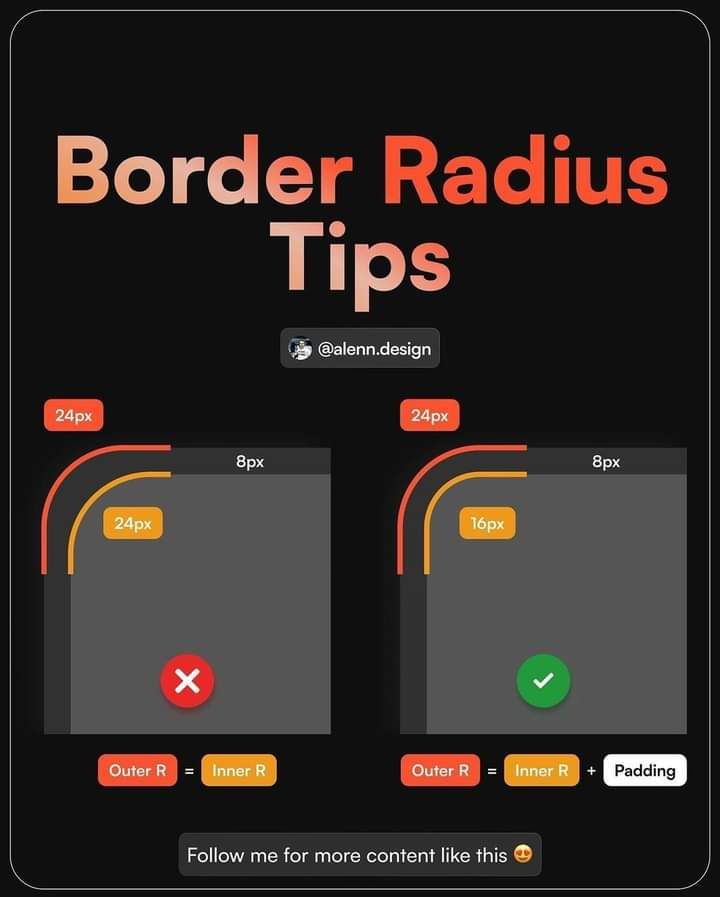 Border radius design tips showing correct and incorrect configurations with measurements, by @alenn.design.
