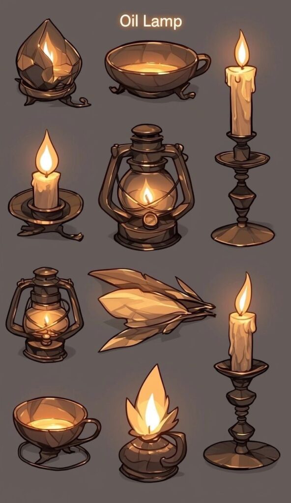 Illustrated collection of vintage oil lamps and candles, showcasing various styles and designs.