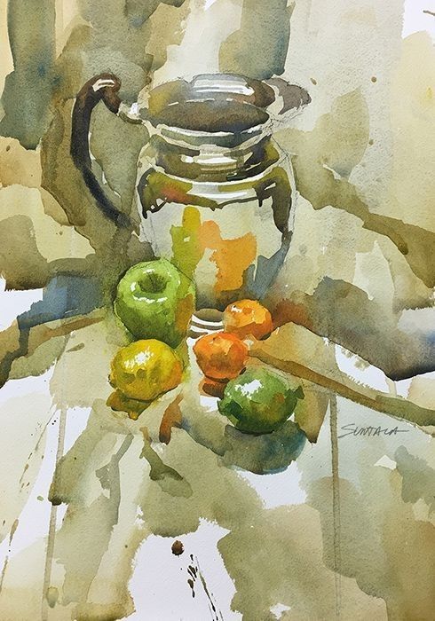 Watercolor still life of apples, oranges, and a reflective jug on a wooden table, showcasing vibrant earth tones.