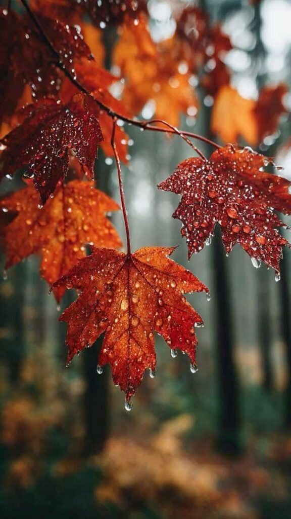 Autumn leaves with raindrops in a misty forest, showcasing vibrant colors and the beauty of nature's transition.