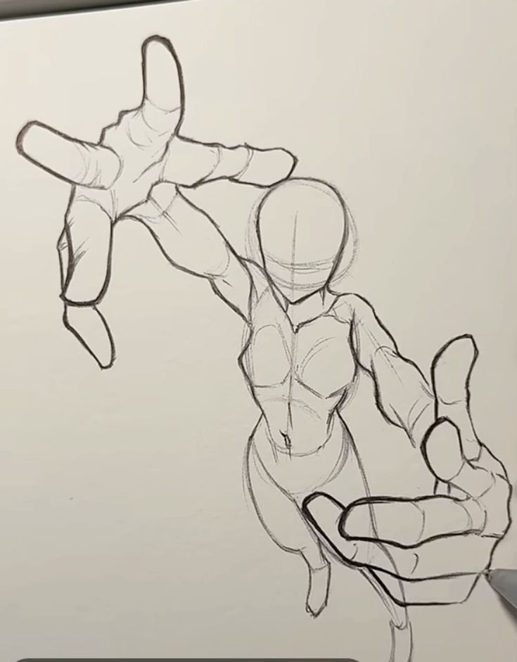 Dynamic sketch of a superhero figure reaching out, showcasing perspective and foreshortening in drawing.