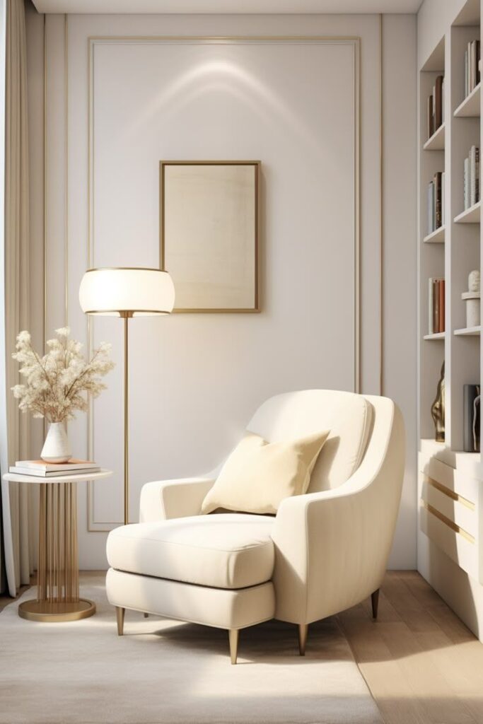 _ 8 Elegant beige armchair in a cozy living room, with modern decor and soft lighting. | Sky Rye Design Elegant beige armchair in a cozy living room, with modern decor and soft lighting.