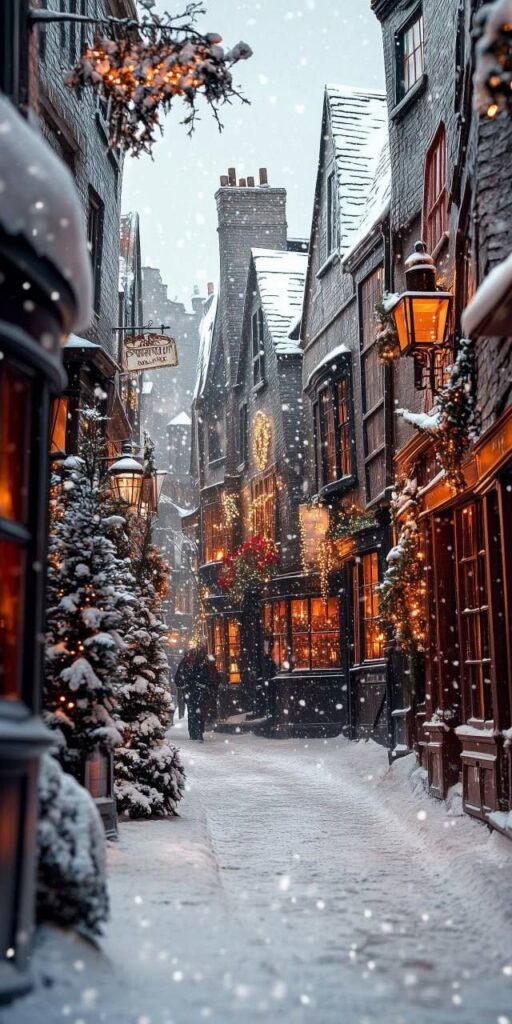 _ 8 Charming snow-covered street with festive lights and cozy winter ambiance in a historic town setting. | Sky Rye Design Charming snow-covered street with festive lights and cozy winter ambiance in a historic town setting.