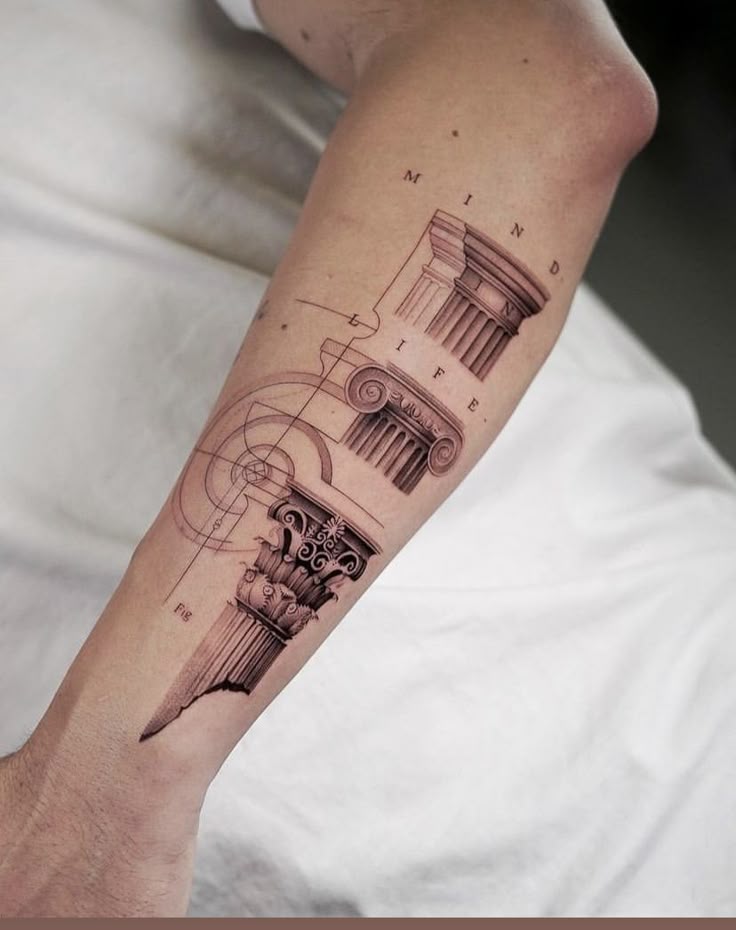 Detailed architectural column tattoo design on forearm, featuring classic styles and geometric sketches.