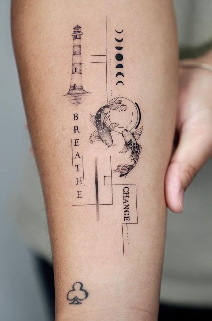 _ 8 Tattoo featuring a lighthouse, moon phases, and koi fish with the words breathe and change on an arm. | Sky Rye Design Tattoo featuring a lighthouse, moon phases, and koi fish with the words breathe and change on an arm.
