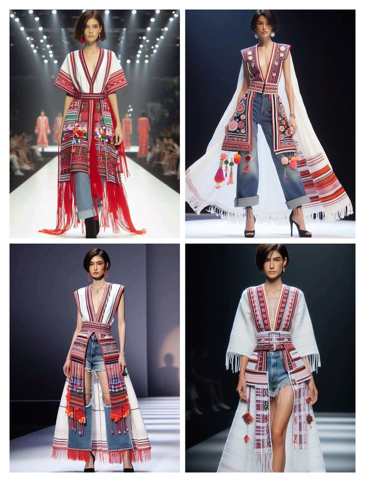 Models showcase colorful ethnic-inspired fashion on the runway, featuring vibrant patterns and fringed details.