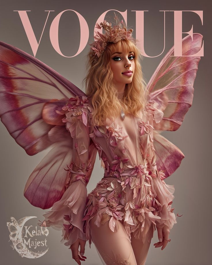 Fantasy-inspired fashion cover featuring a model in pink floral butterfly wings and dress, with Vogue text overlay.