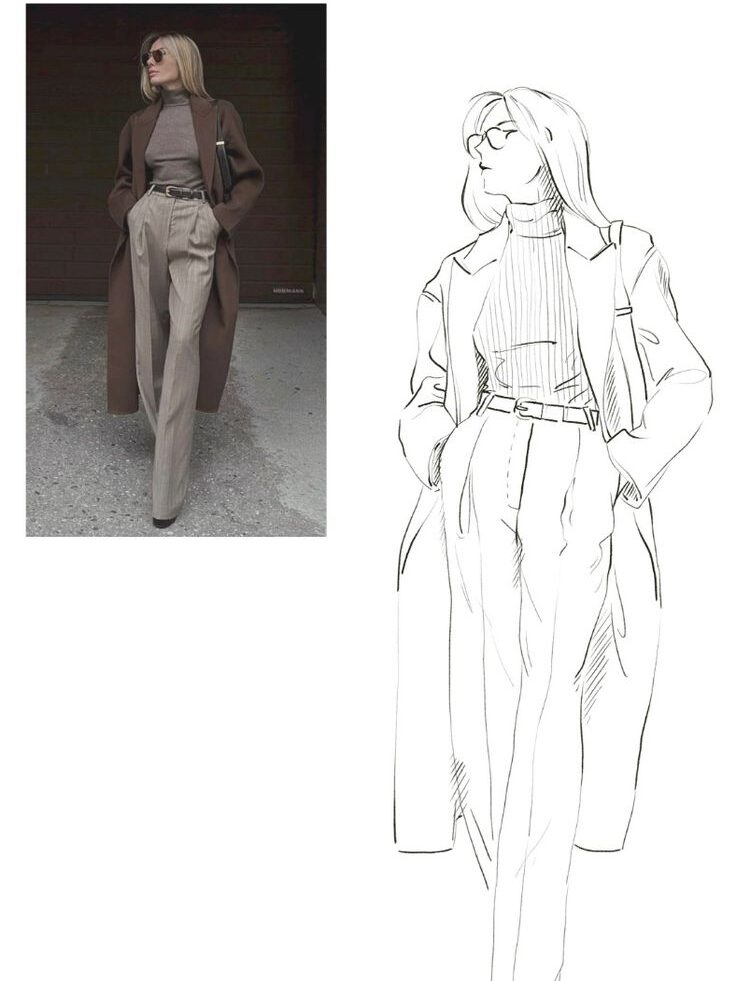 Fashionable woman wearing stylish trench coat and high-waisted trousers, with accompanying sketch illustration.
