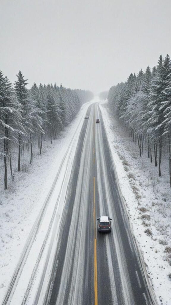 81758a40-6016-4d06-af75-cb9c6f6b0147 Snowy road through forest, cars traveling on icy highway under overcast sky, winter driving scene. | Sky Rye Design Snowy road through forest, cars traveling on icy highway under overcast sky, winter driving scene.