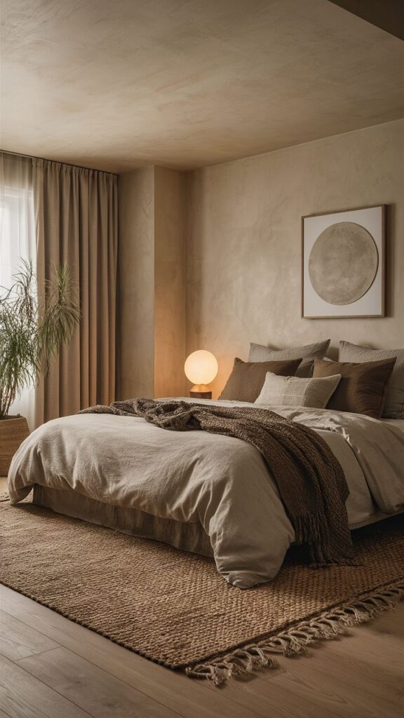 81eeb6d2-ab0e-437c-ac41-5084d5901110 Cozy bedroom with earth-toned decor, soft lighting, and a large bed. Elegant rug and plant accentuate warmth. | Sky Rye Design Cozy bedroom with earth-toned decor, soft lighting, and a large bed. Elegant rug and plant accentuate warmth.