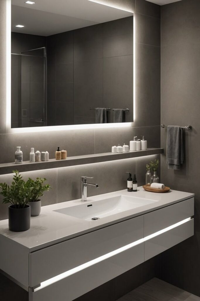 Modern bathroom with sleek white vanity, large mirror, and ambient lighting.