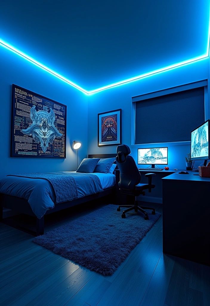 82ab16b5cd2696f91aa20e39e8d0bc5a Modern gaming room with LED lighting, dual monitors, and gaming chair by a cozy bed and digital artwork. | Sky Rye Design Modern gaming room with LED lighting, dual monitors, and gaming chair by a cozy bed and digital artwork.