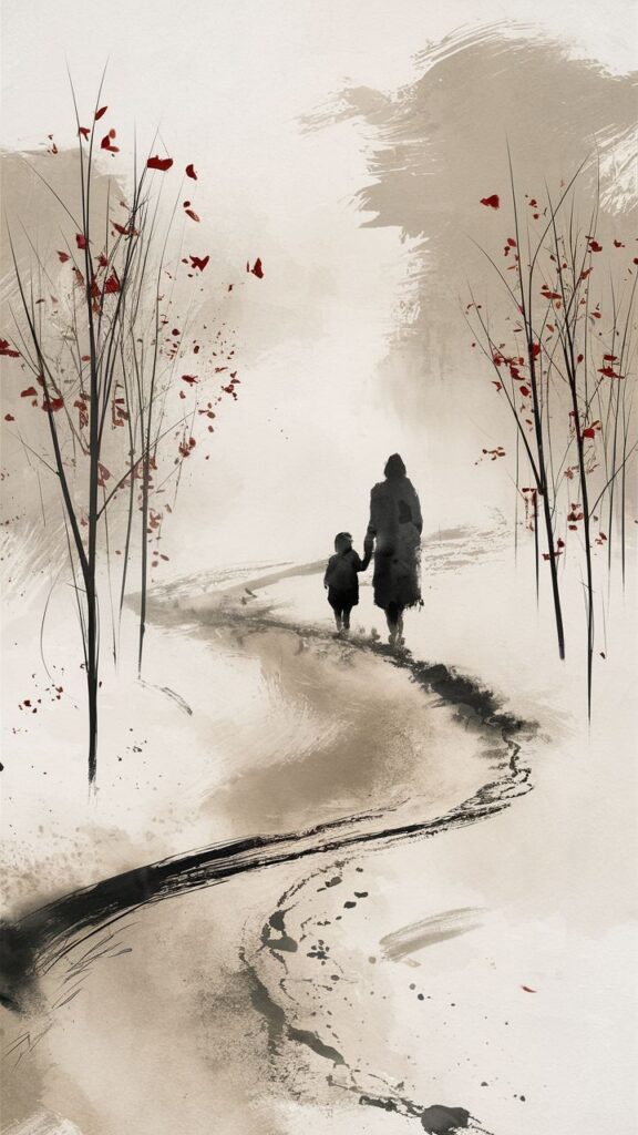 The Essential Guide to the Best Lotion for Tattoos: Healing, Vibrant Color, and Lifetime Care | Sky Rye Design Abstract watercolor of two figures walking on a snowy path, surrounded by red-leaved trees.